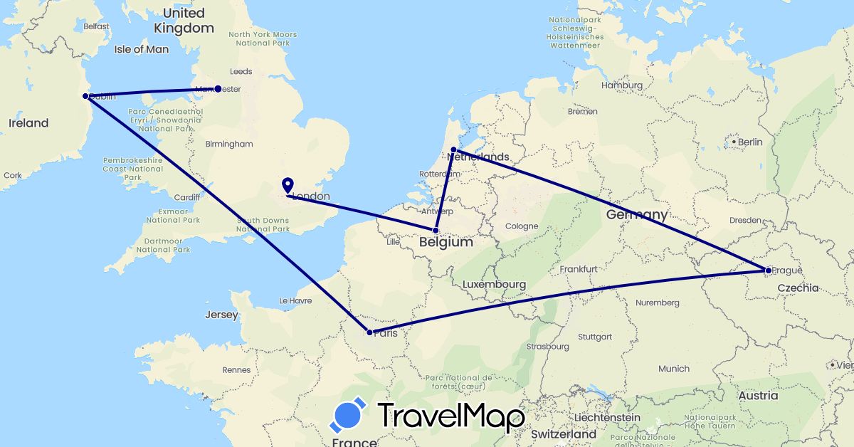 TravelMap itinerary: driving in Belgium, Czech Republic, France, United Kingdom, Ireland, Netherlands (Europe)